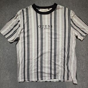 GUESS Men's Black and Gray Striped Tee